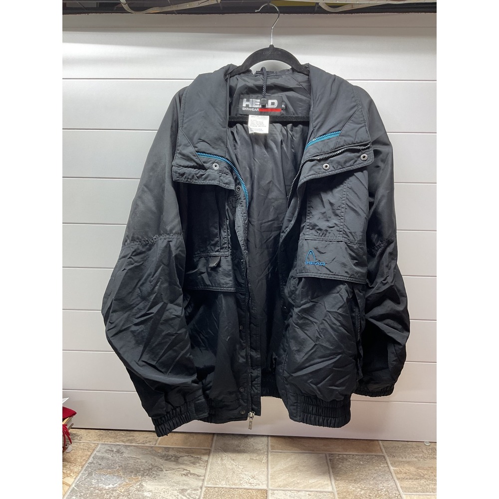 Head Skiwear Vintage Mens XL Black Teal Nylon Zip Up Hooded Ski Jacket H0198